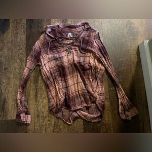 Mudd Plaid Lace-Up Long Sleeve Top in Pink and Purple